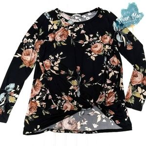 LONG SLEEVE FLORAL PRINT TOP WITH TWISTED KNOT DET